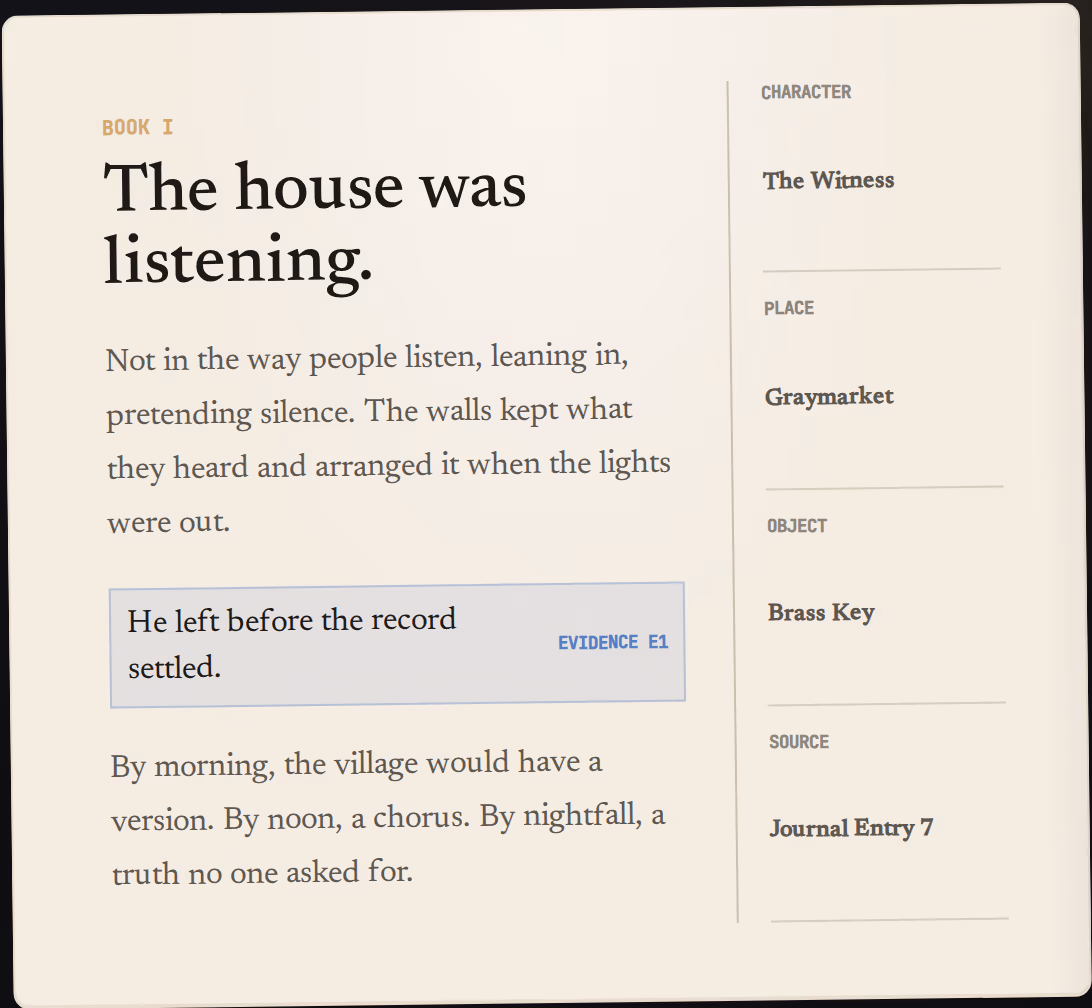 JotterDown sample manuscript with character, place, object and source context
