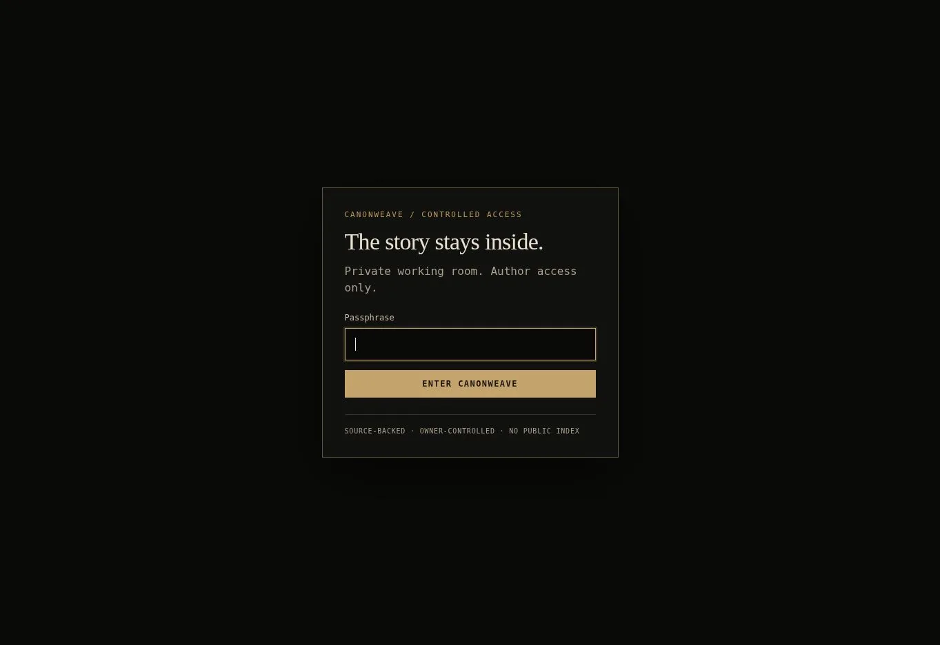 Canonweave public access gate stating the private story room is author-only