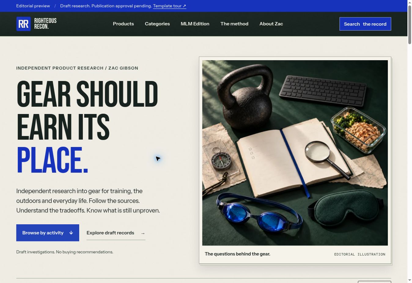Righteous Recon development homepage with an editorial-preview banner and Gear should earn its place headline
