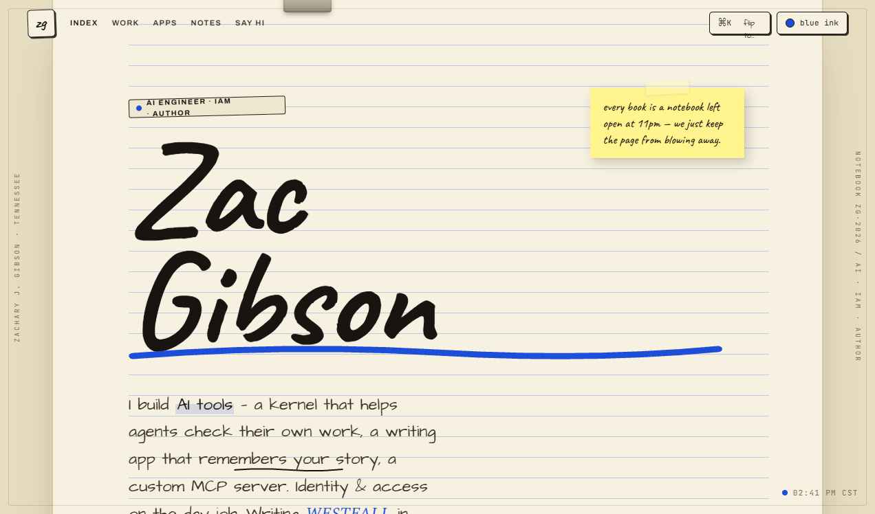 The authored paper portfolio direction with ruled stock, handwriting, taped note, and vertical folio metadata