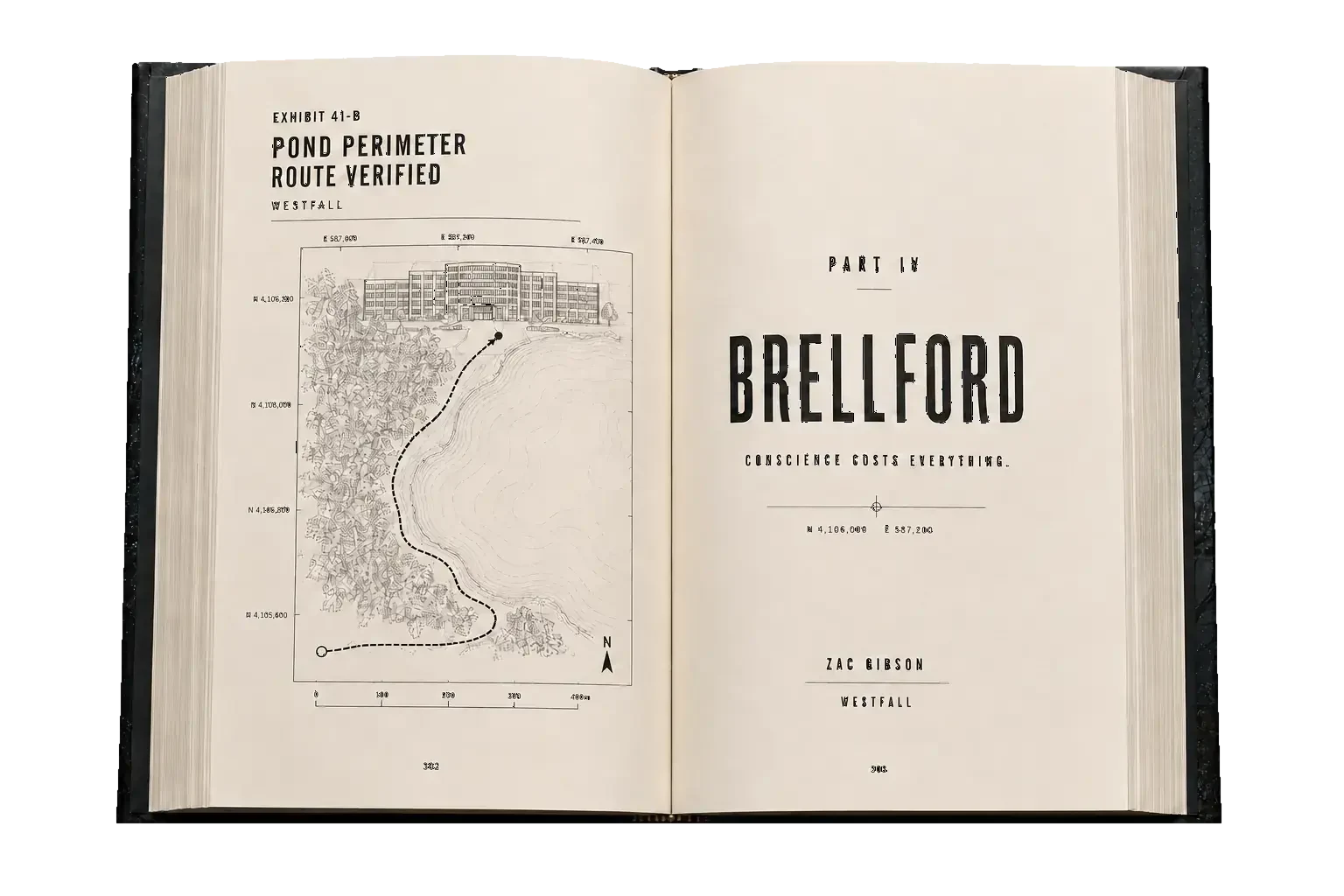 Open WESTFALL novel spread: a Brellford perimeter-route map beside the Part IV title page, ‘Brellford—Conscience costs everything.’