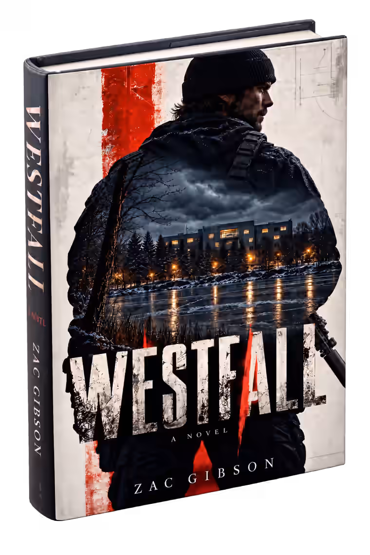 WESTFALL hardcover by Zac Gibson: a black spine and cream-and-red cover, with a beanie-wearing figure and a winter waterside scene.